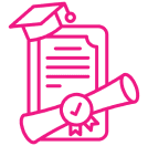 A pink outline of a graduation cap and diploma